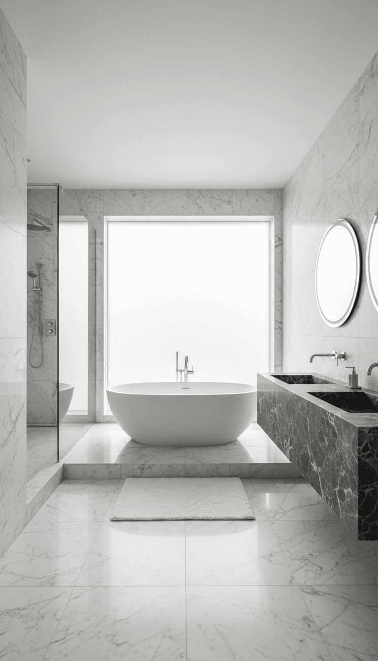Luxury bathroom with designer fixtures and premium stone finishes