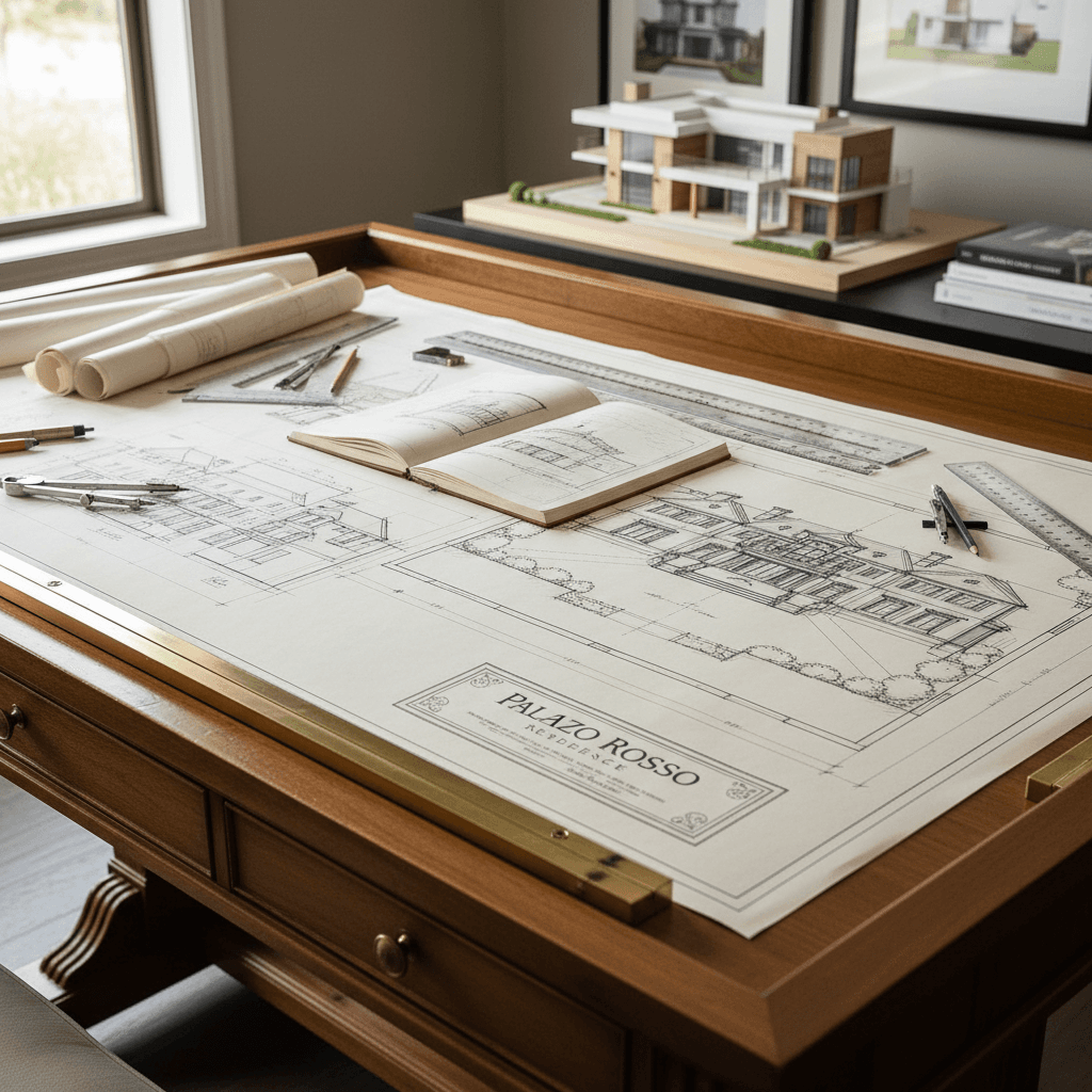 Detailed sketches and architectural plans for luxury homes on a drafting table