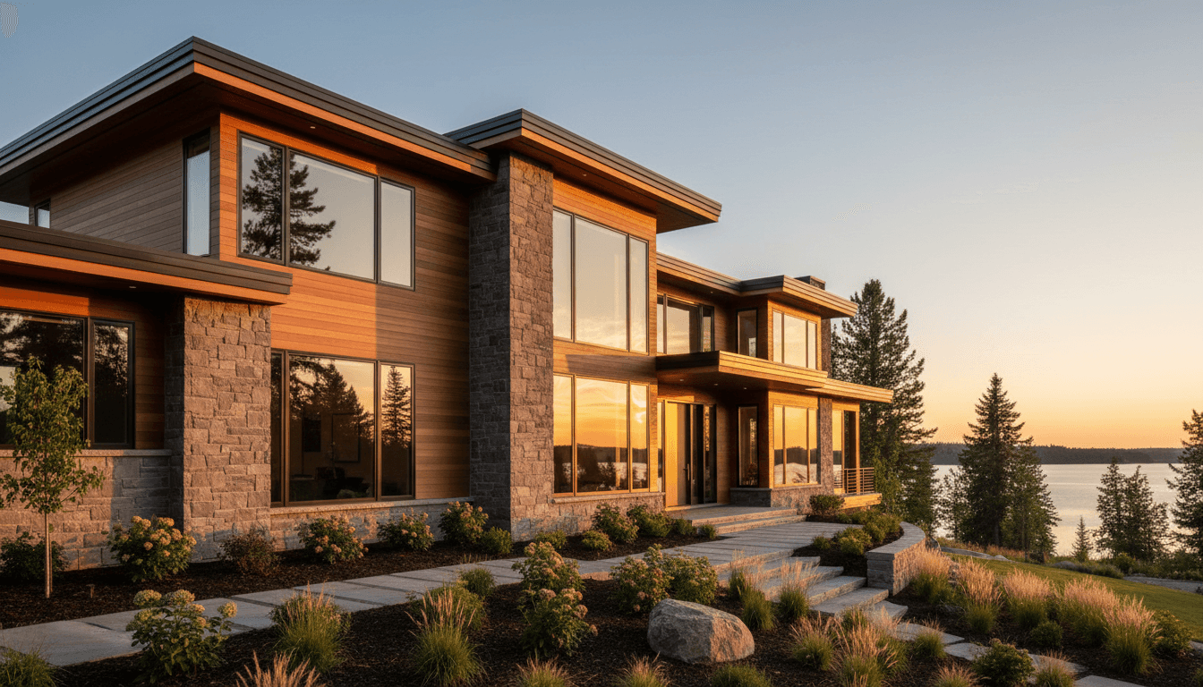 Modern luxury home in Hayden with elegant stone and wood exterior, large windows, and manicured grounds at golden hour