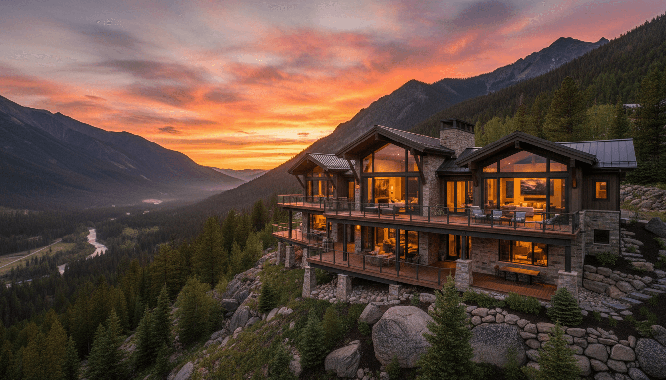 Luxury mountain home at sunset with expansive deck and panoramic windows