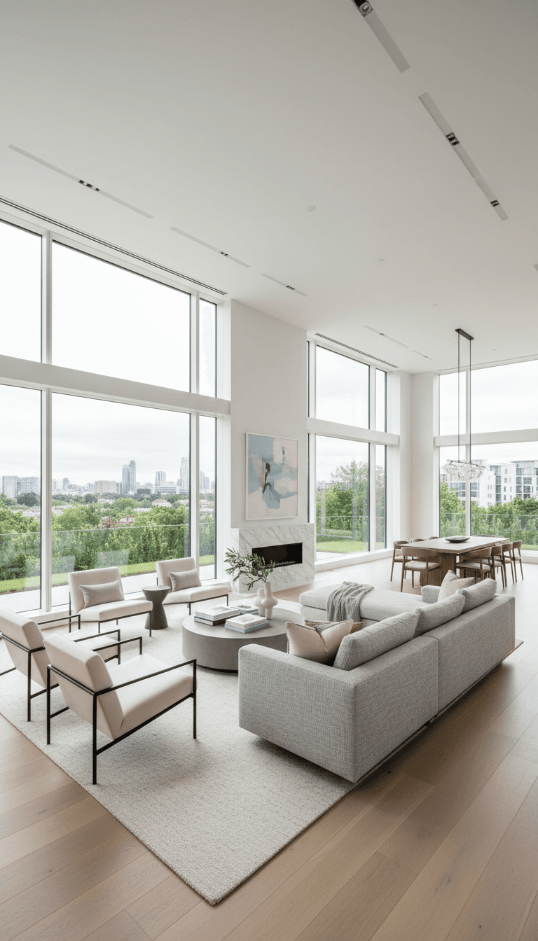 Bright open-concept living room with natural light and high ceilings