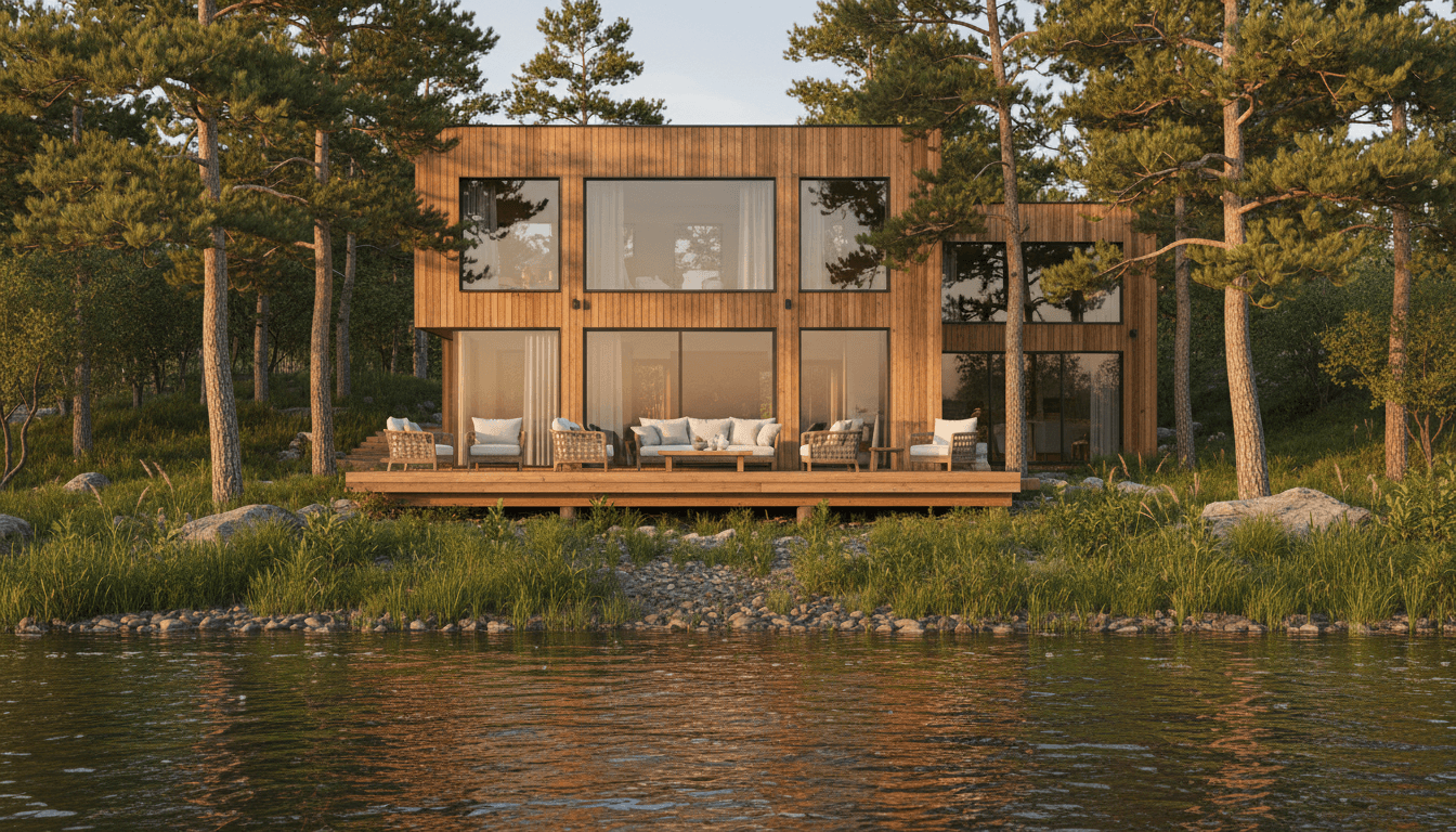 Modern riverside chalet with wooden deck surrounded by pine trees in golden afternoon light overlooking calm water