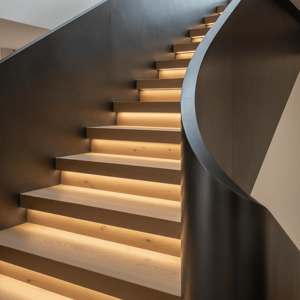 Sculptural custom staircase with metal railings and natural wood treads, featuring integrated minimal lighting design