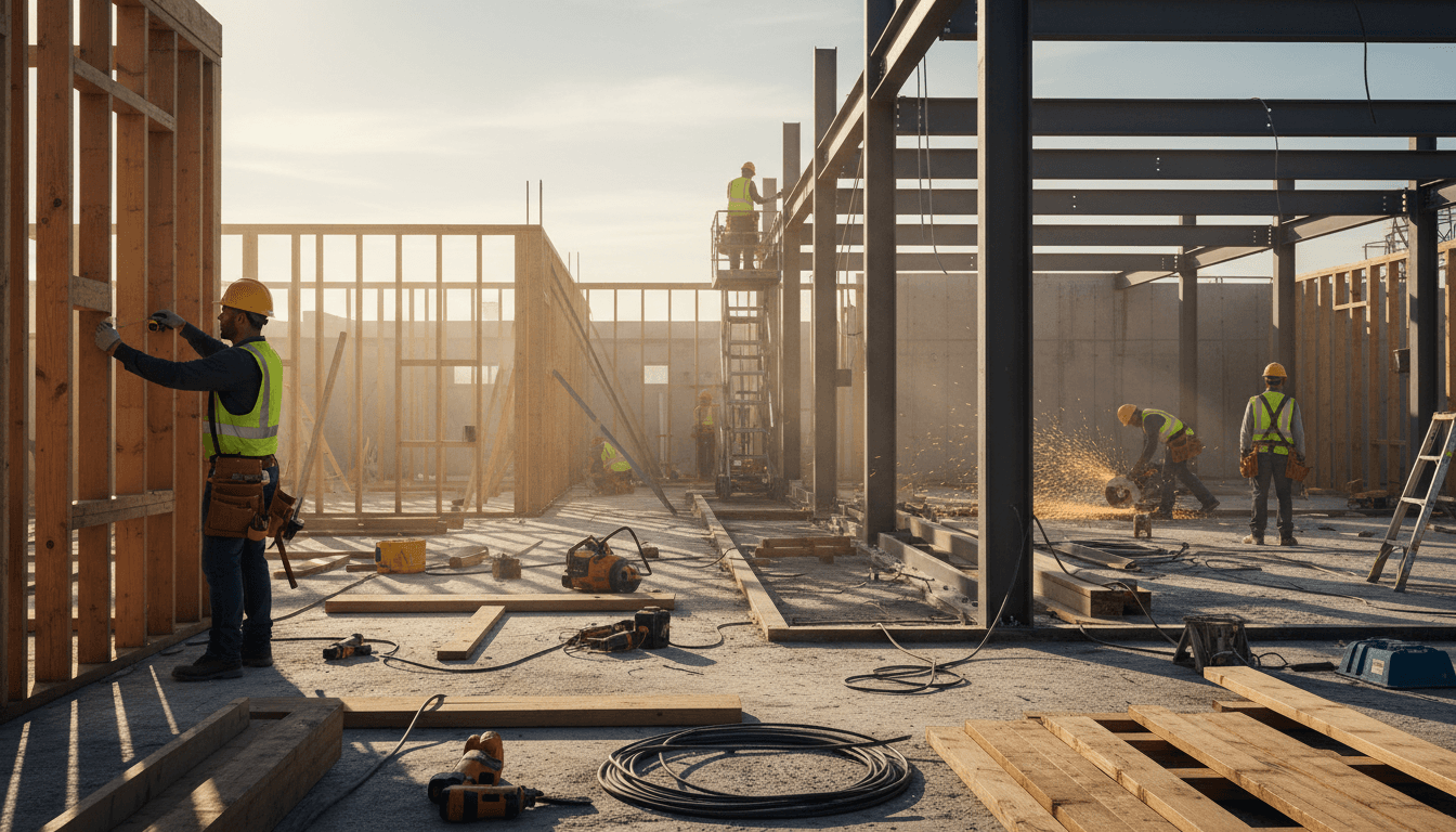 Construction phase of luxury residence showing skilled craftsmanship