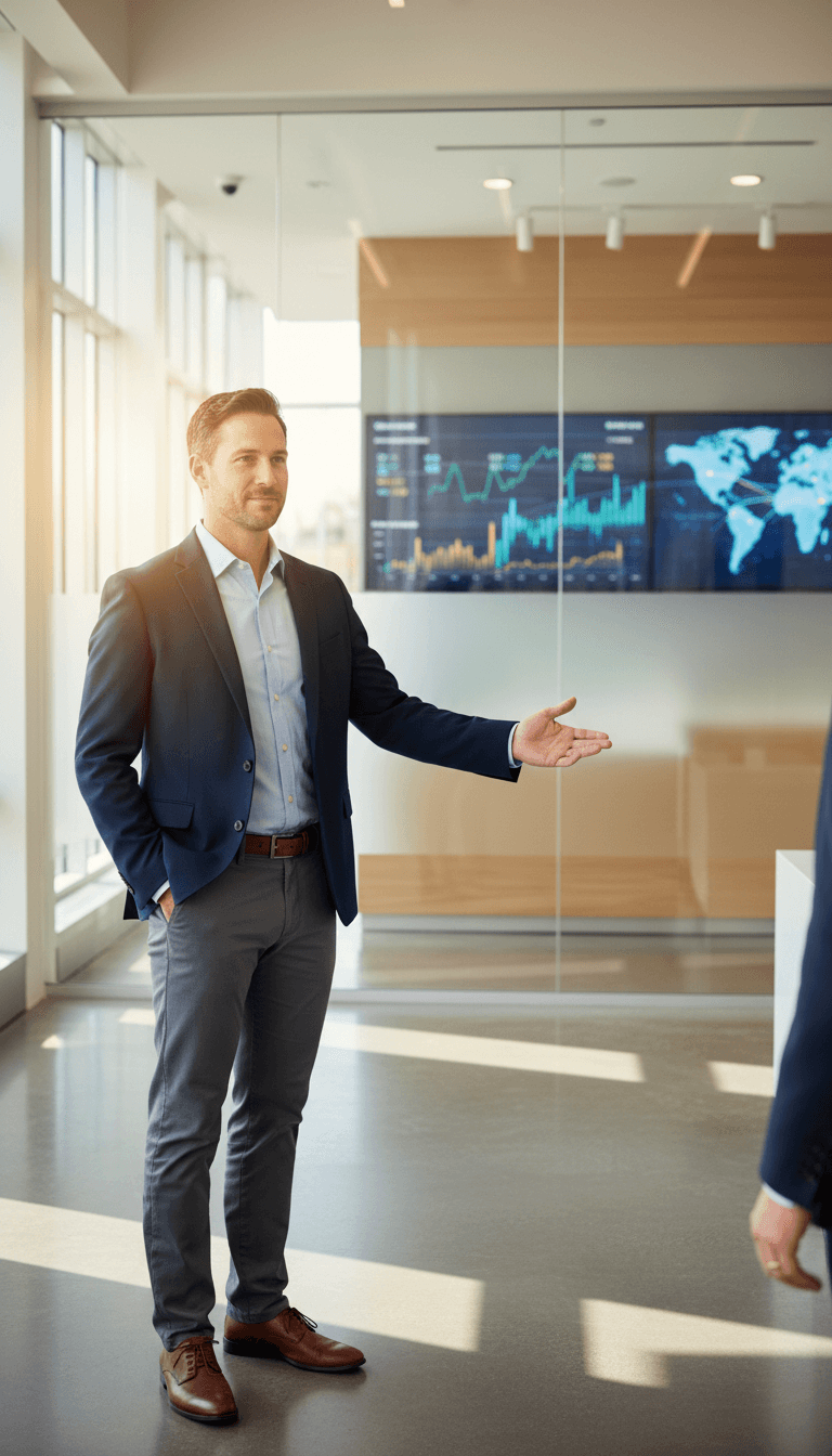 Professional financial advisor standing confidently in modern banking office with welcoming gesture