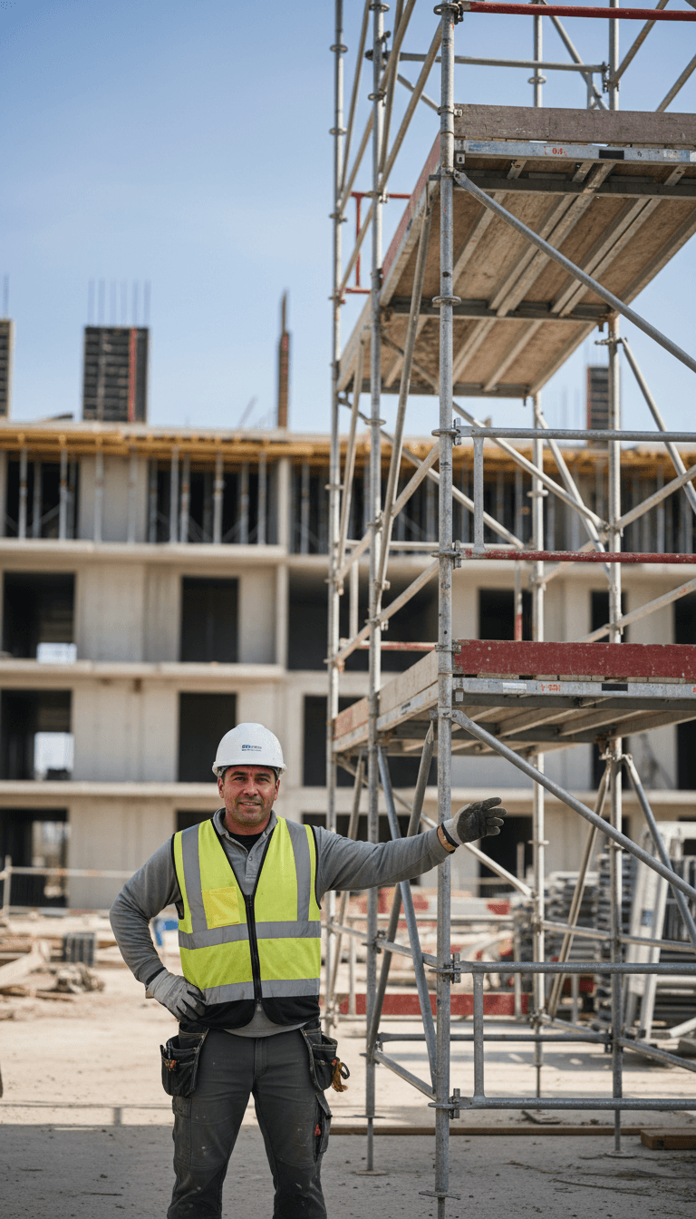 Construction worker in safety gear standing beside installed vertical scaffolding structure on job site