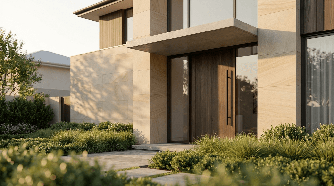 Modern luxury residential home in Hayden, Idaho with warm golden hour lighting highlighting architectural detail
