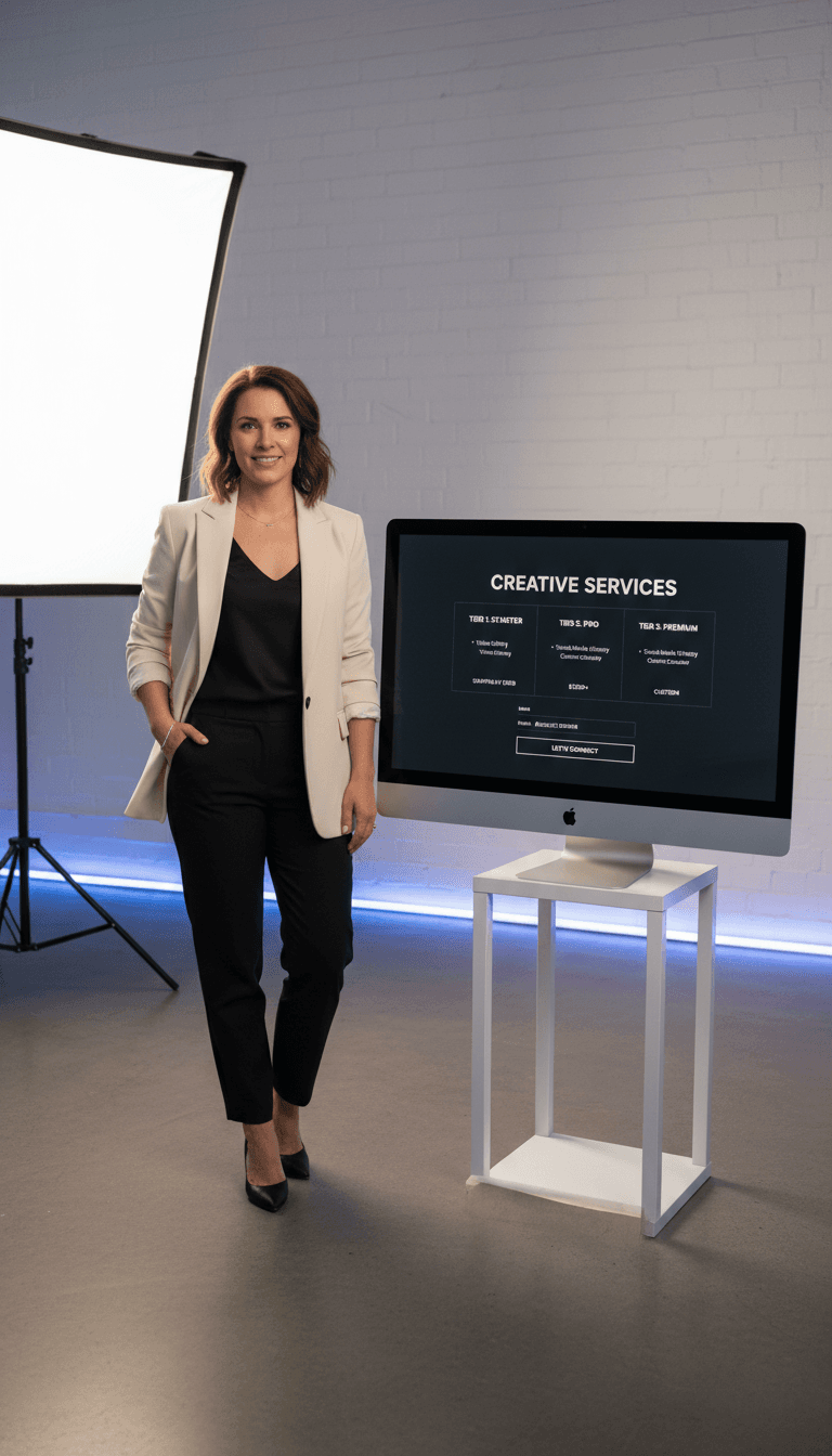Confident content creator standing beside monitor displaying professional portfolio website and service offerings