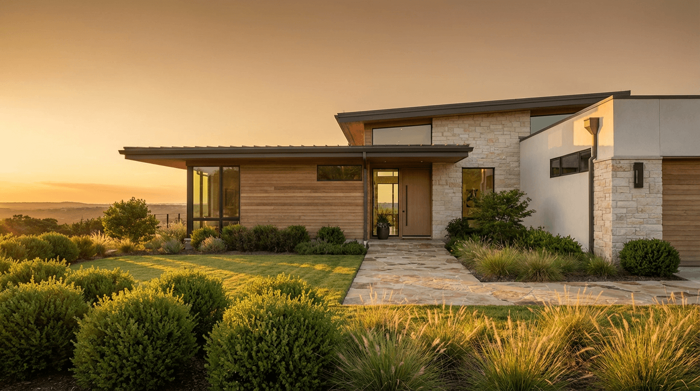 Luxury contemporary home exterior illuminated by golden hour light in Hayden, Idaho